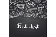 Vector hand drawn meat elements on black chalkboard illustration with lettering