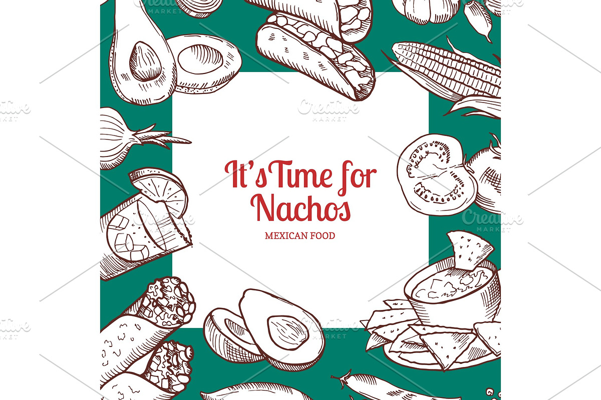 Vector sketched mexican food elements background with place for text in Graphics - product preview 8