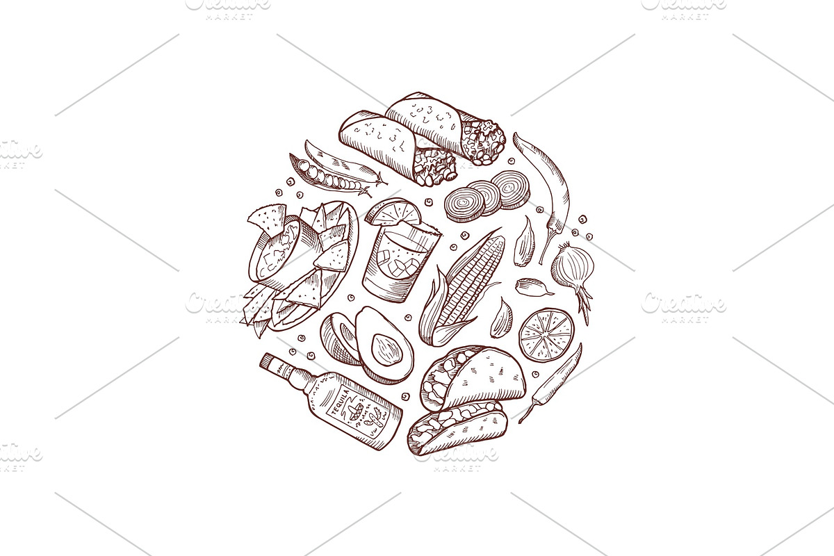 Vector sketched mexican food elements in form of circle illustration in Graphics - product preview 8