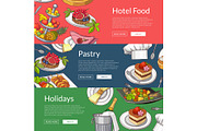 Vector web banner templates with hand drawn restaurant