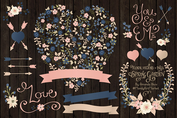 Navy & Blush Floral Heart & Banner in Illustrations - product preview 1