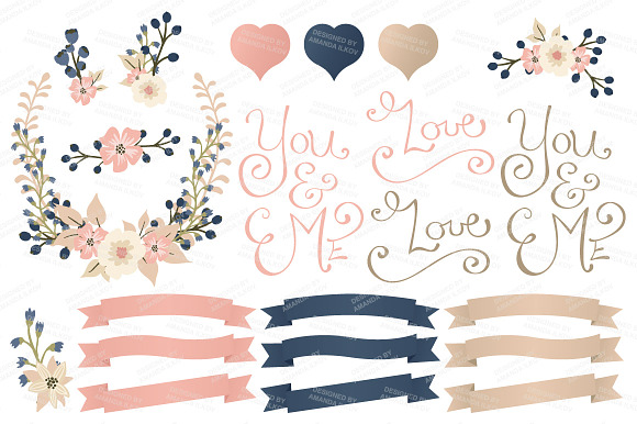 Navy & Blush Floral Heart & Banner in Illustrations - product preview 3