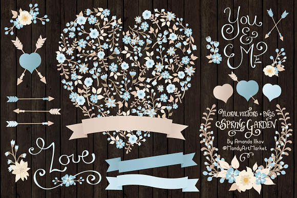 Soft Blue Floral Heart & Banners in Illustrations - product preview 1