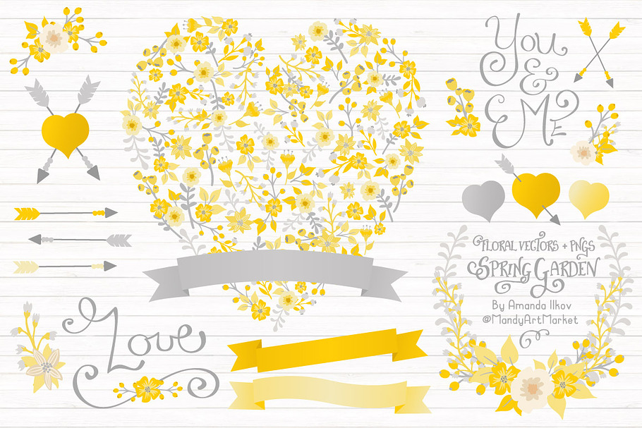 Sunny Yellow Floral Heart & Banners