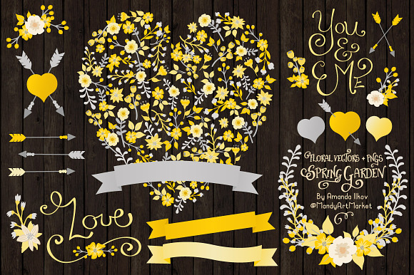 Sunny Yellow Floral Heart & Banners in Illustrations - product preview 1
