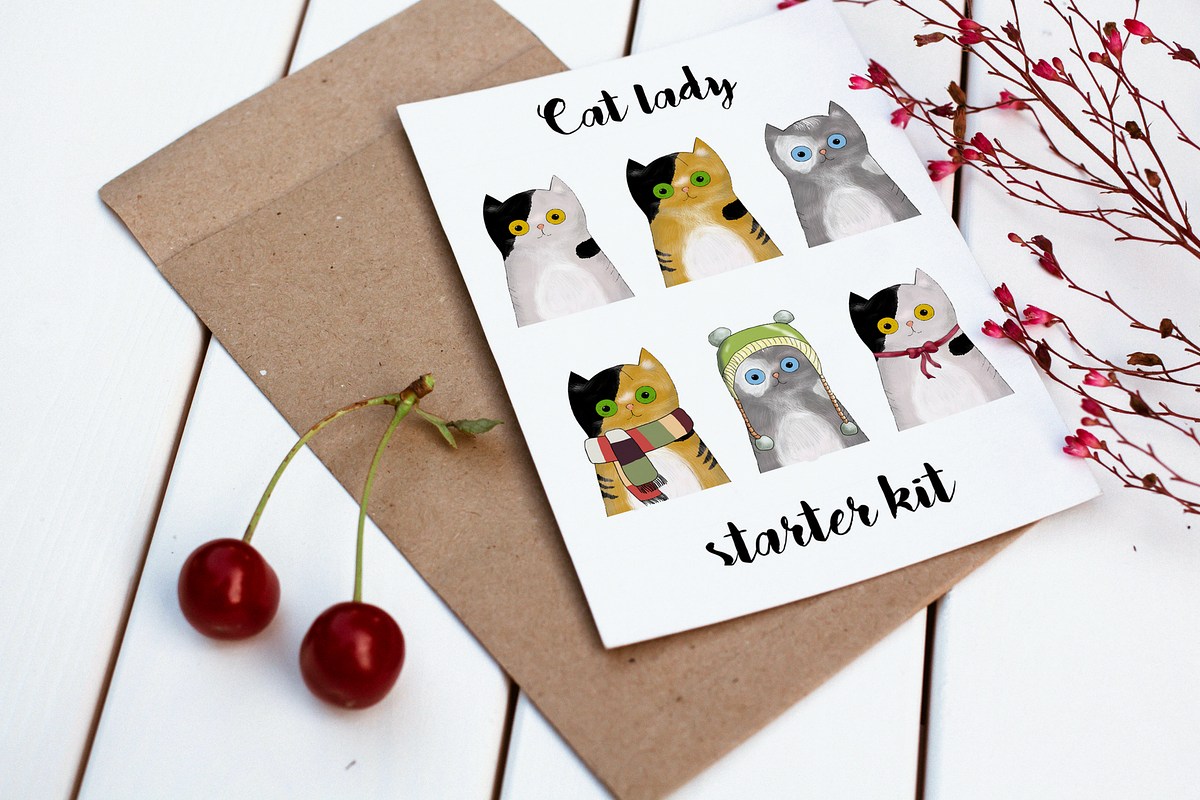 'Kitty, It's cold outside' cat set in Illustrations - product preview 8