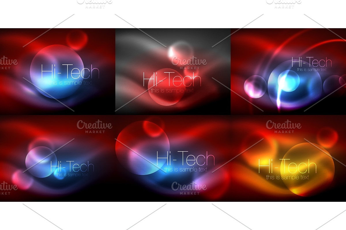 Set of blurred neon glowing circles, hi-tech modern bubble templates, techno glowing glass round shapes or spheres. Geometric abstract backgrounds in Textures - product preview 8
