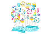 Happy birthday photo booth props. Fantasy items and objects for festival and party