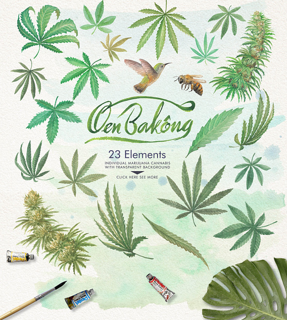 Watercolor Marijuana Set in Illustrations - product preview 8