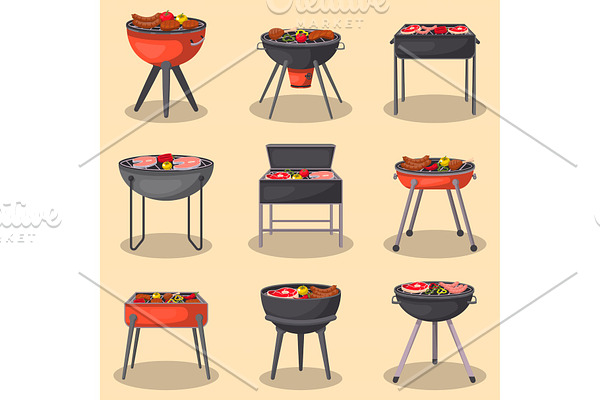 Barbecue grill with food isolated set