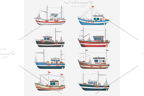 Fishing boats side view on white background
