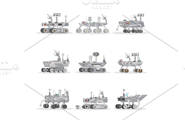 Mars rovers isolated icons set