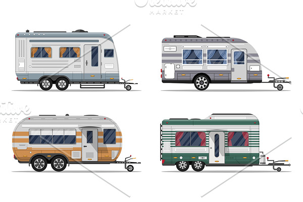Side view camping trailers isolated on white