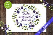 Set of blue watercolor flowers