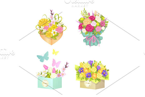 Bouquets and Flowers Set, Vector Illustration