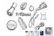 Fitness items icons set