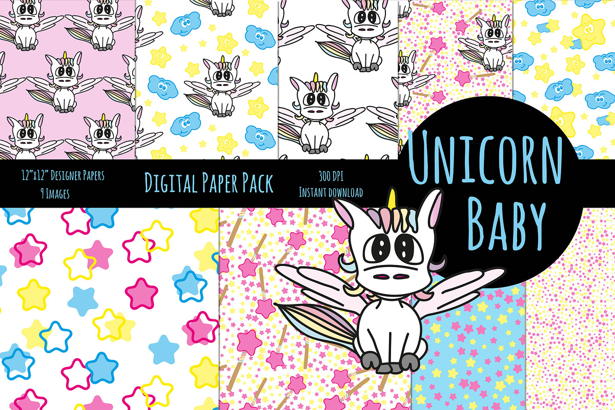 cute Unicorn Baby digital Paper in Illustrations - product preview 8
