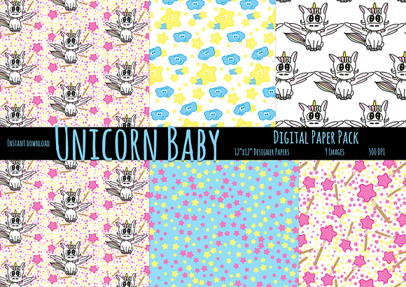 cute Unicorn Baby digital Paper in Illustrations - product preview 1