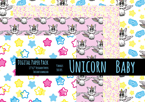 cute Unicorn Baby digital Paper in Illustrations - product preview 2