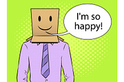 Man with box happy emoji on head pop art vector