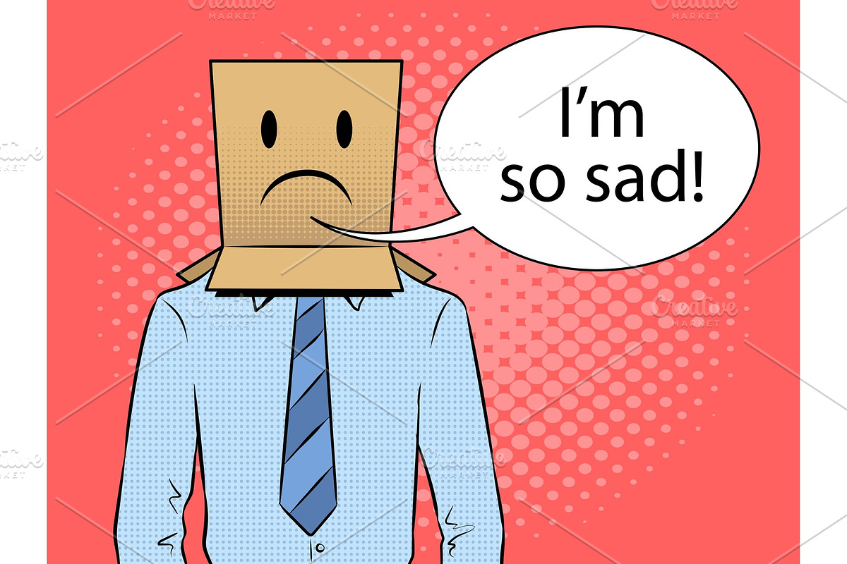Man with box sad emoji on head pop art vector in Illustrations - product preview 8