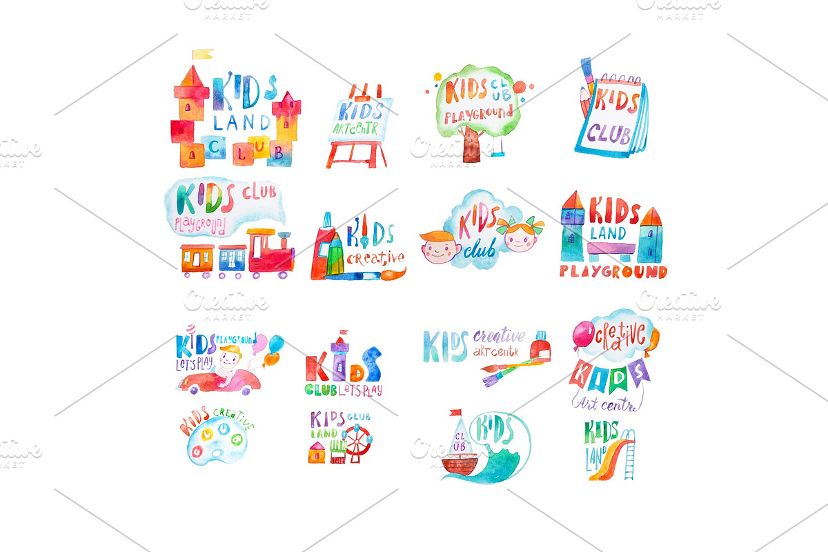 Collection of watercolor promotional symbols with calligraphic letterings of kids club playground. in Objects - product preview 8