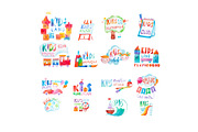 Collection of watercolor promotional symbols with calligraphic letterings of kids club playground.