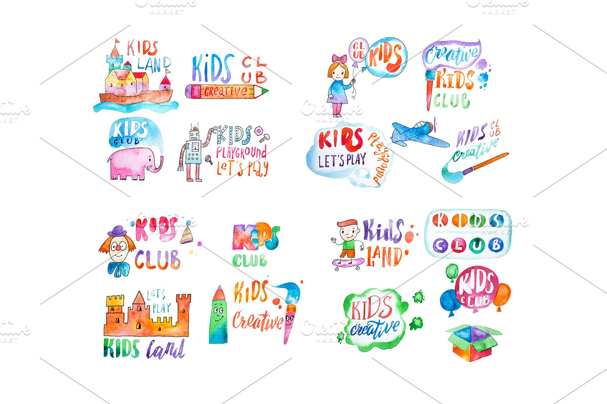 Set of watercolor colorful emblems with calligraphic letterings for kids club in Objects - product preview 8
