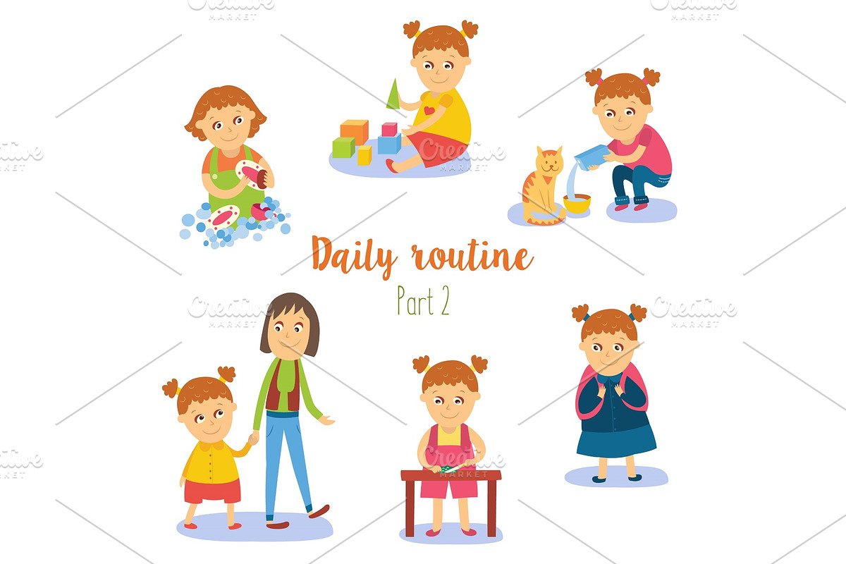 vector flat cartoon kid doing routine activity set in Illustrations - product preview 8