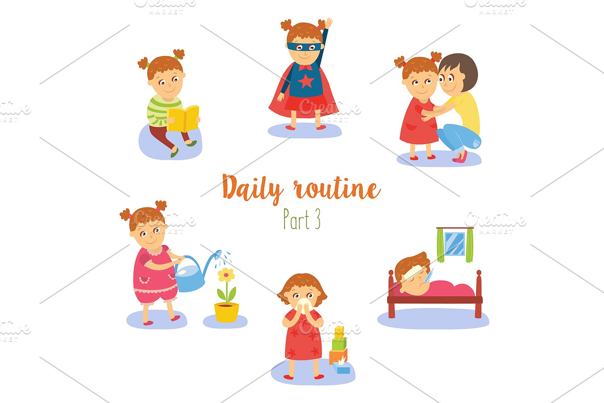 vector flat cartoon kid doing routine activity set in Illustrations - product preview 8