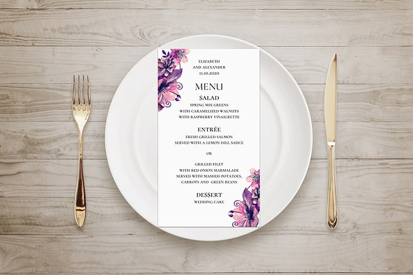 Pink and purple flowers wedding menu