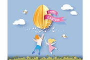 Happy Easter card with kids, flowers and egg