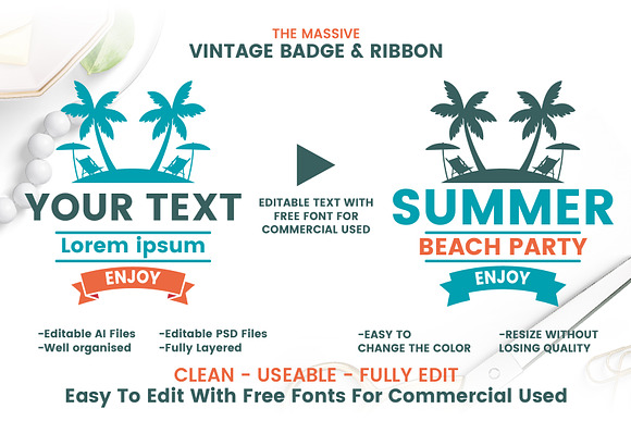 63 SUMMER VINTAGE BADGE & RIBBON in Logo Templates - product preview 1