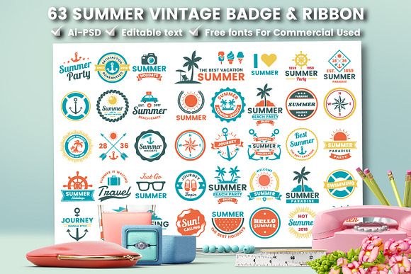 63 SUMMER VINTAGE BADGE & RIBBON in Logo Templates - product preview 8