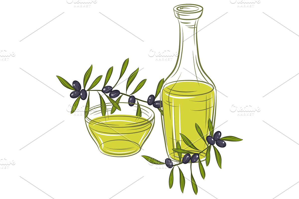Ilustration with black olives and bottle of oil. in Illustrations - product preview 8