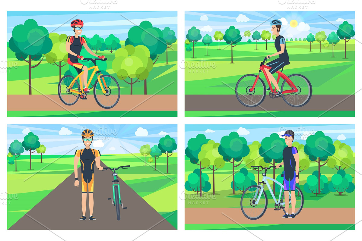 Cyclists and Sunny Day Posters Vector Illustration in Illustrations - product preview 8