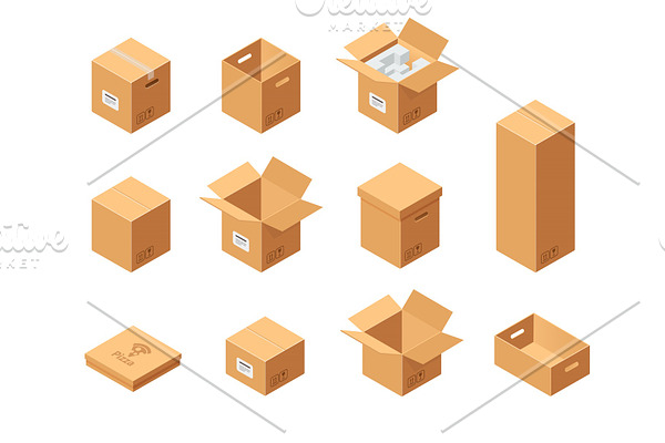 Carton packaging boxes set. Isometric view. Different size and format. Closed and open packages on white background.