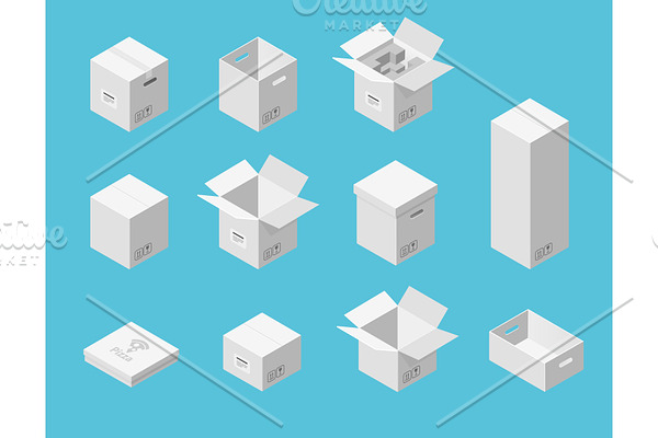White carton packaging boxes set. Isometric view. Different size and format. Closed and open packages on blue background.