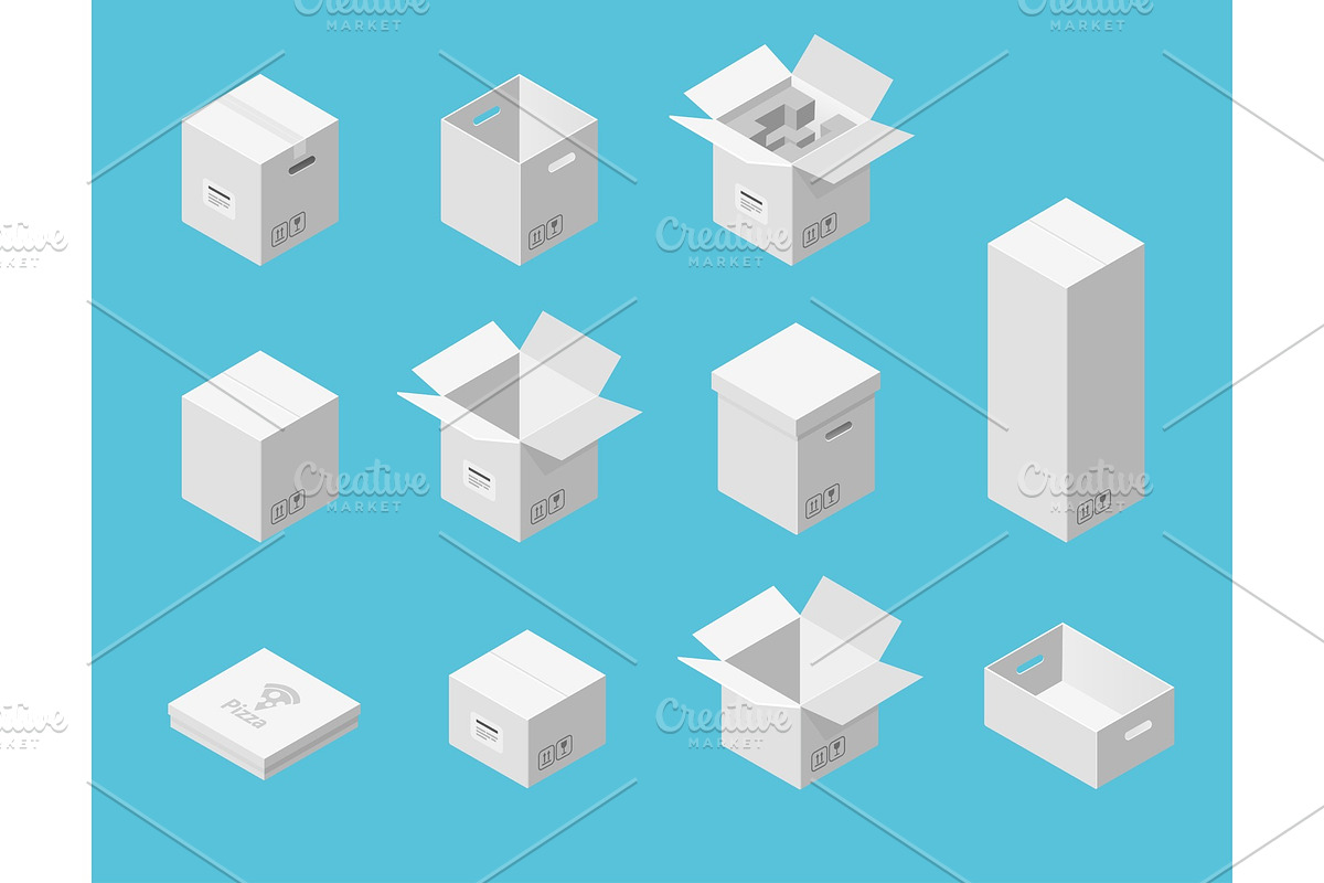 White carton packaging boxes set. Isometric view. Different size and format. Closed and open packages on blue background. in Objects - product preview 8