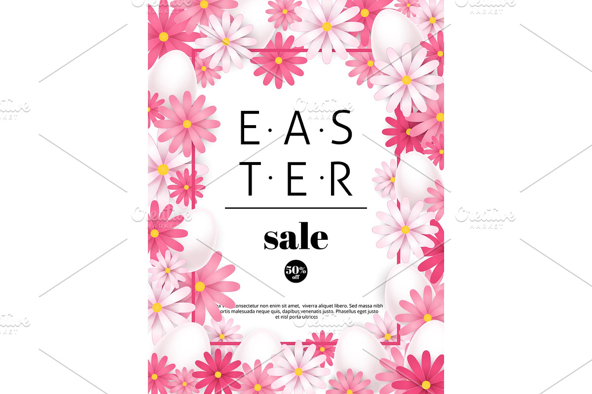 Easter sale, season offers and discounts background. Pink flowers and white eggs frame. Vector illustration. in Illustrations - product preview 8