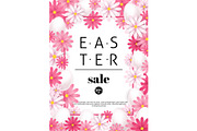 Easter sale, season offers and discounts background. Pink flowers and white eggs frame. Vector illustration.