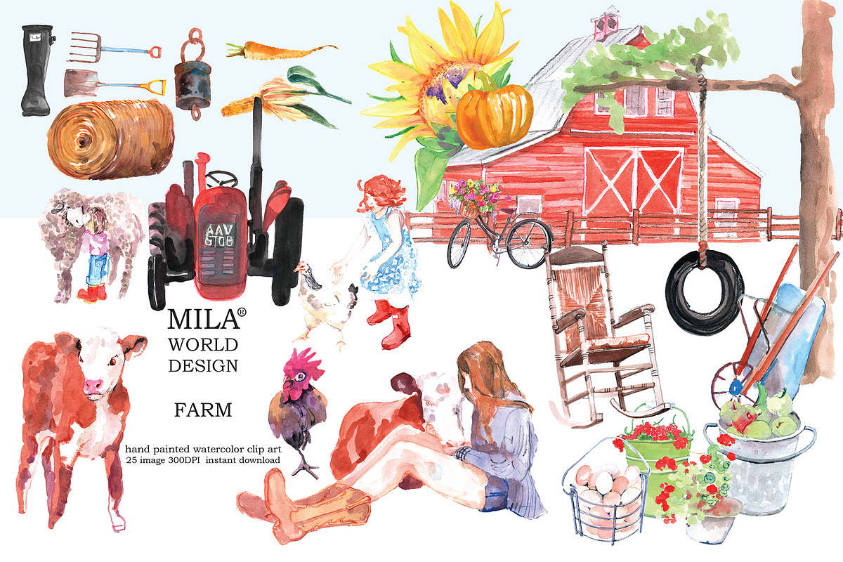 watercolor farm clipart in Illustrations - product preview 8