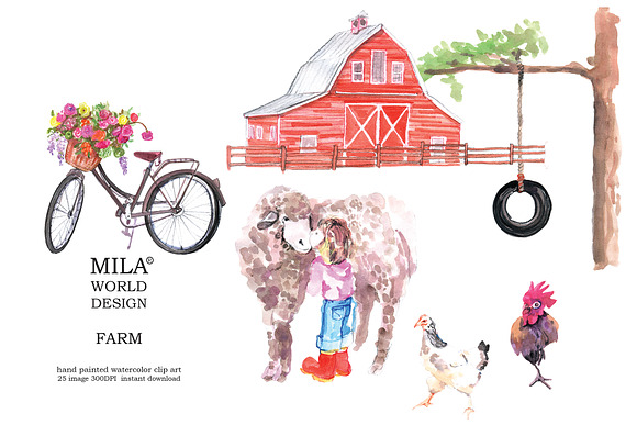 watercolor farm clipart in Illustrations - product preview 1