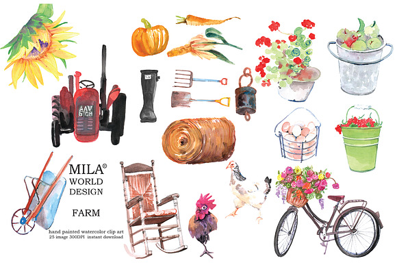 watercolor farm clipart in Illustrations - product preview 2