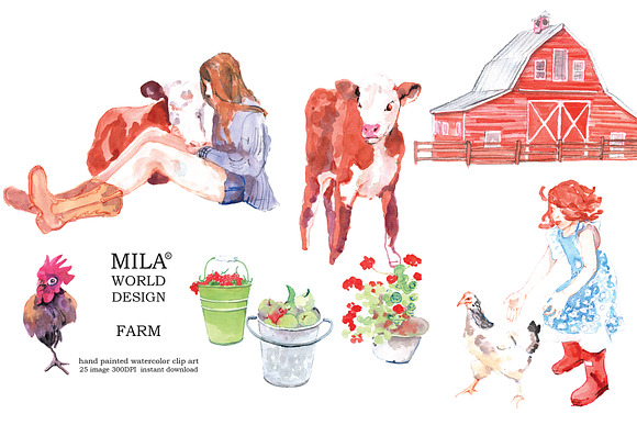 watercolor farm clipart in Illustrations - product preview 3