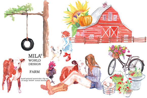 watercolor farm clipart in Illustrations - product preview 4