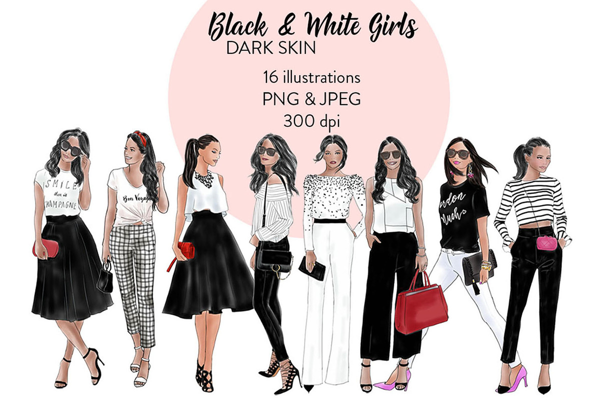 Black & White Girls 1 - dark skin in Illustrations - product preview 8