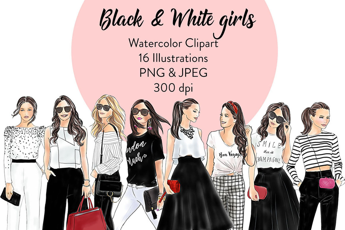 Black & White girls 1 -Light Skin in Illustrations - product preview 8