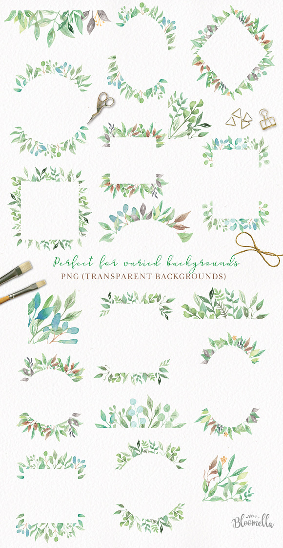 Leaf Frames Watercolor Green Foliage in Illustrations - product preview 1
