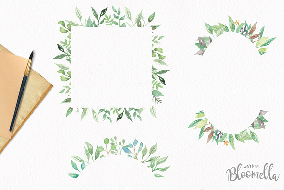 Leaf Frames Watercolor Green Foliage in Illustrations - product preview 6